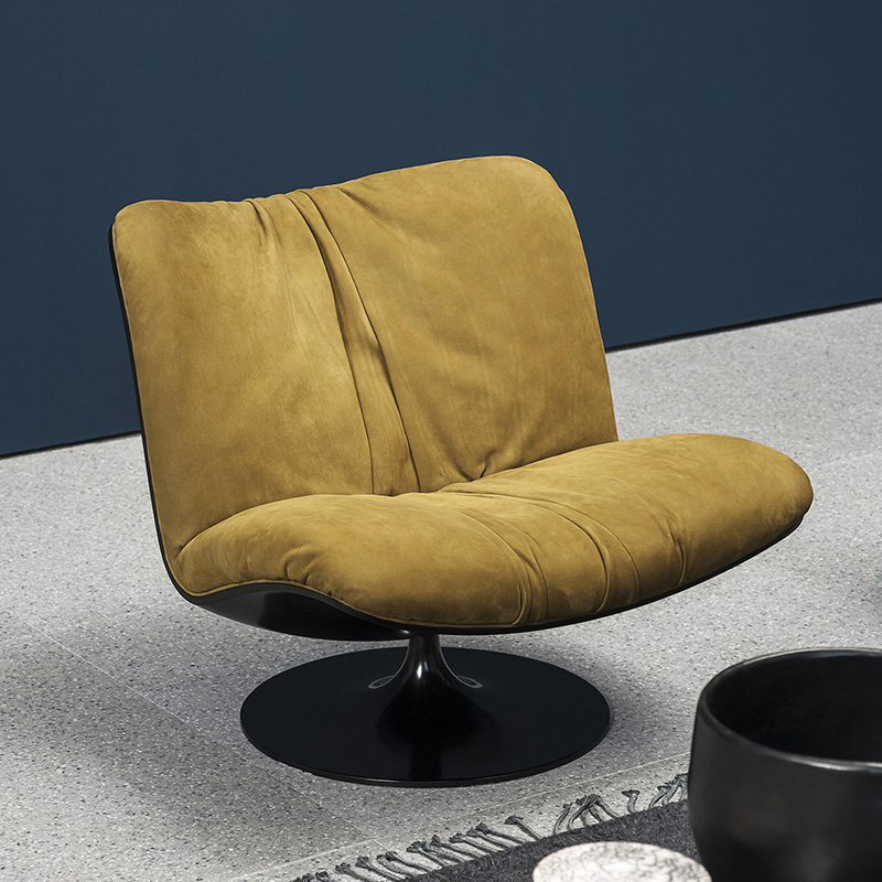 Italiensk minimalistisk lyxdesigner glasfiber modern äkta läder lounge swivel accent stol för vardagsrum
