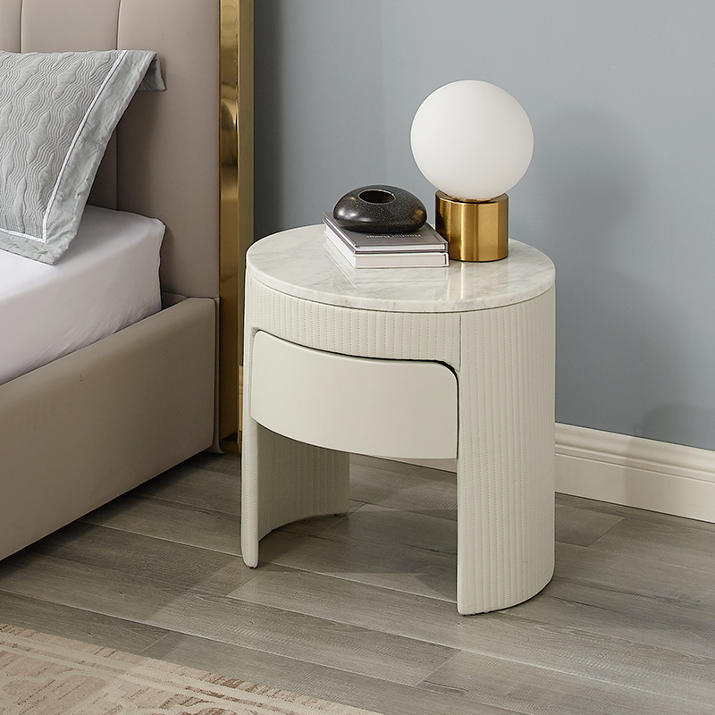 Europeisk stil vit läder modern lyxnattbord marmor sängbord rund