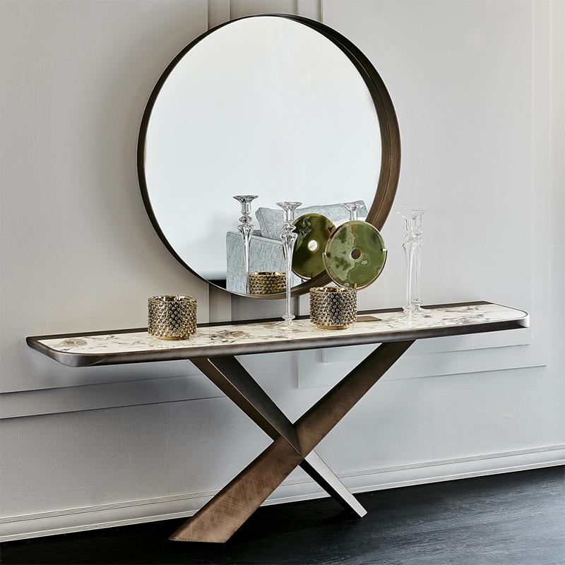 Italiensk X -formad rostfritt stål Bas Modern Luxury Console Cabinet Stone Marble Top Console Table With Mirror